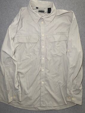 REI Men’s Beige Roll Tab Sleeve Button Up Vented Hiking Fishing Shirt XXL